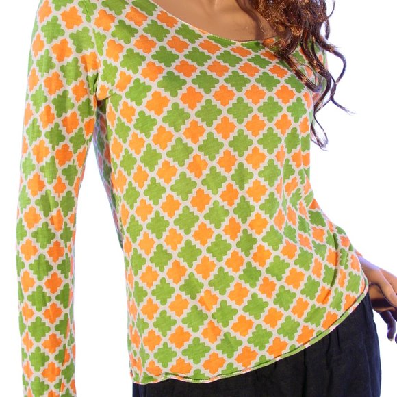 TORY BURCH Green and Orange Logo Scoop Neck Long Sleeve Tissue Tee Top M - Picture 6 of 9